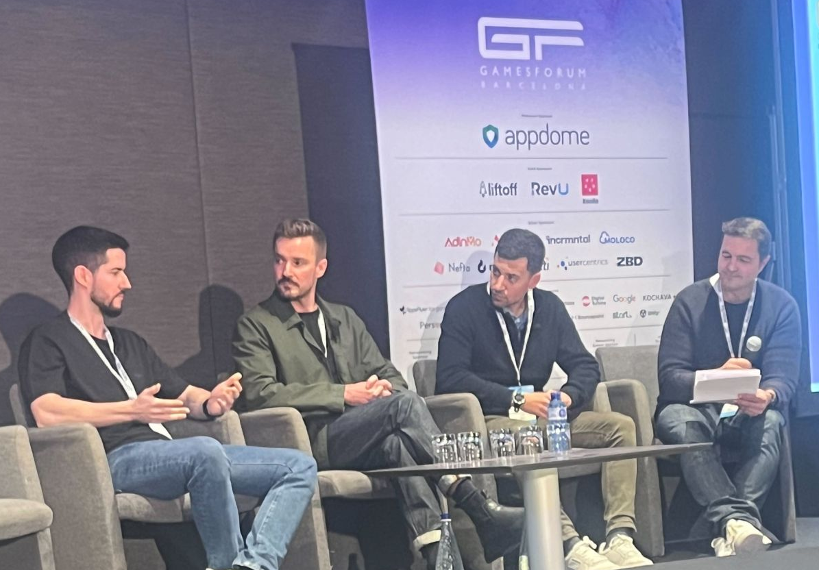 On stage at Gamesforum Barcelona 2024. From left to right: Michal Prokrop Grno (Pixel Federation), Gary Danks (AIM), Alfonso Calatrava (Meta), and Jordi de los Pinos (Smadex).